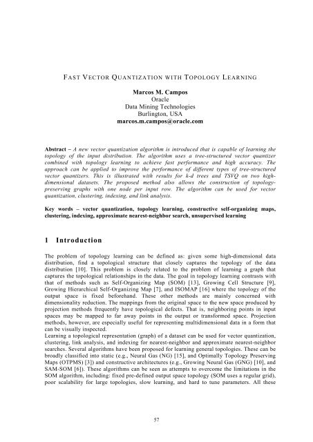 Fast vector quantization with topology learning