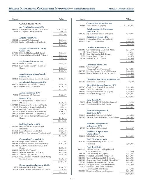 WASATCH FUNDS - Curian Clearing