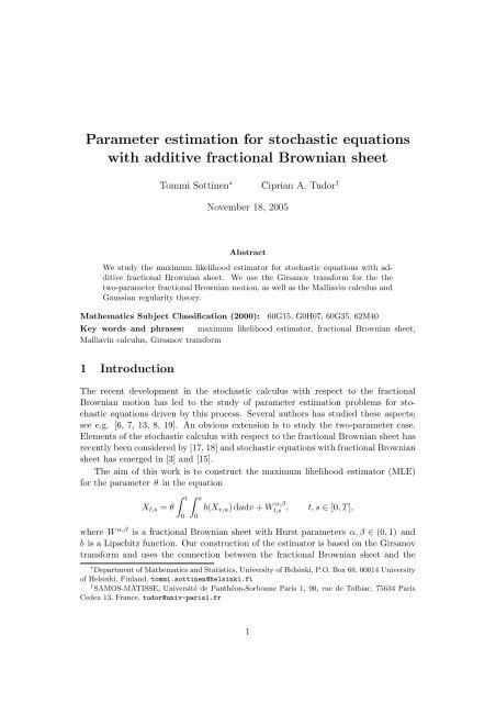 Parameter estimation for stochastic equations with ... - samos-matisse