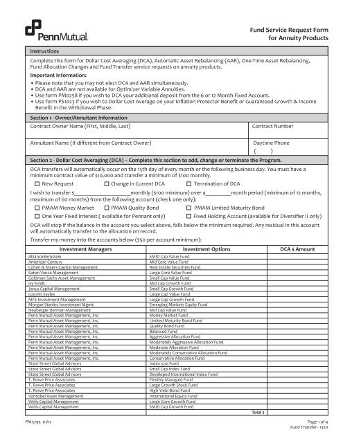 Fund Service Request Form - Penn Mutual Life