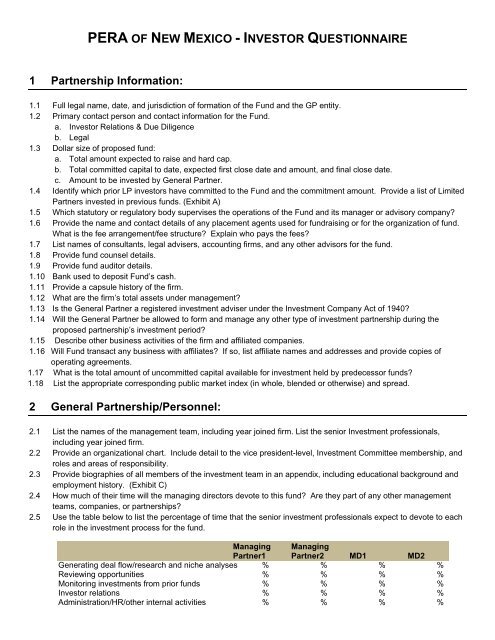 PERA Due Diligence Questionnaire - Public Employees Retirement ...