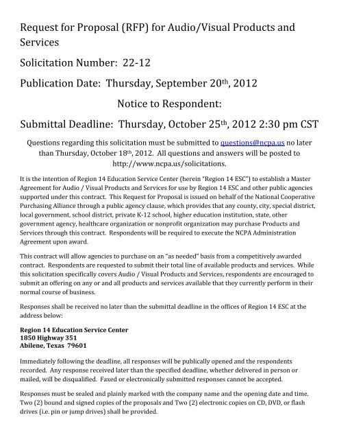 Audio Visual Rfp RFP for Audio/Visual Products and Services - NCPA