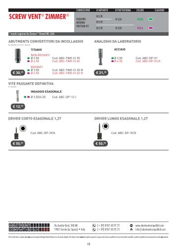 SCREW VENT ZIMMER Monconi compatibili e abutment per impianti straumann, zimmer, alphabio, nobelbiocare