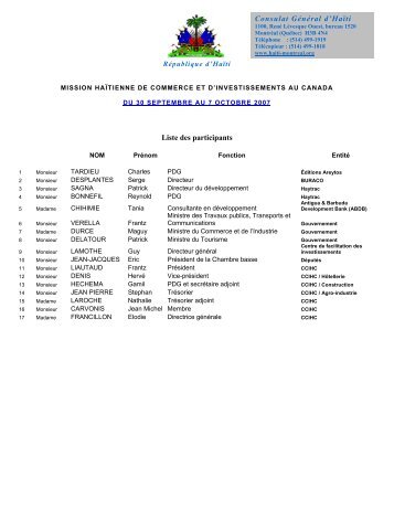Consulat GÃ©nÃ©ral d'HaÃ¯ti Liste des participants - Chambre de ...