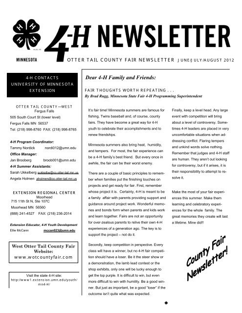 Dear 4-H Family and Friends: - West Otter Tail County Fair