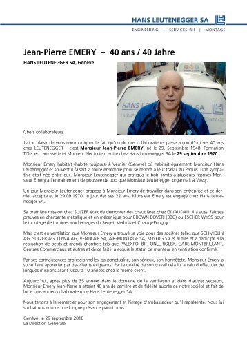 Jean-Pierre EMERY âˆ’ 40 ans / 40 Jahre - Hans Leutenegger  AG