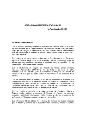 RESOLUCIÓN ADMINISTRATIVA SPVS-IV-No. 729 La Paz ...
