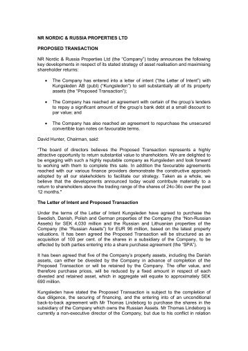 NR Nordic & Russia Properties Ltd proposed transaction