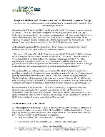 Bingham McHale and Greenebaum Doll & McDonald Agree to Merge