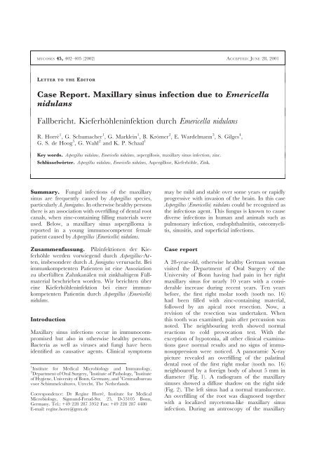 Case Report. Maxillary sinus infection due to Emericella nidulans ...