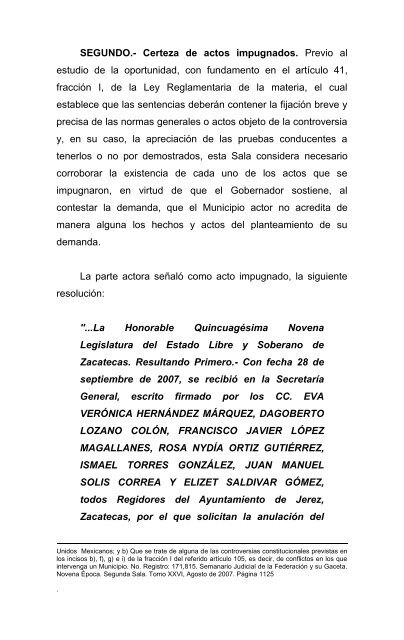 Controversia Constitucional Numero 1/2008 Actor: Municipio de Jerez