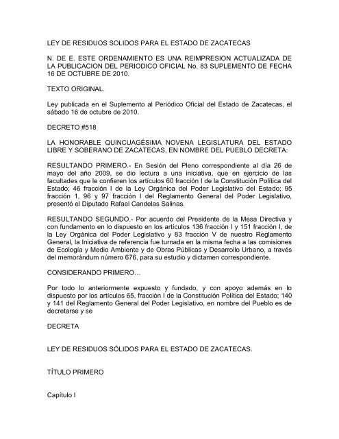 Ley de residuos solidos para el estado de zacatecas - SecretarÃ­a de ...