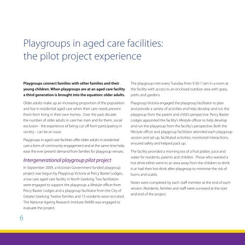 Starting Playgroups in Aged Care Facilities