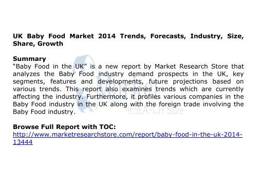 Baby food Market 2014 (Switzerland, UK, Tunisia) Trends, Forecasts, Industry, Size, Share, Growth