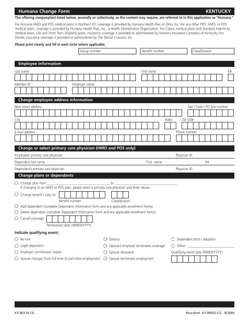 Humana Change Form KENTUCKY - Oldham County Kentucky