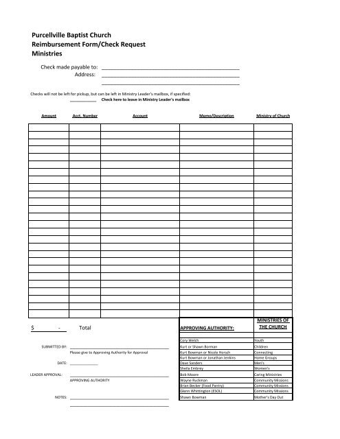 Purcellville Baptist Church Reimbursement Form/Check Request ...