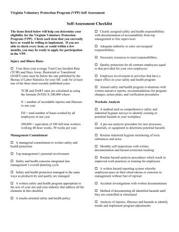 VPP Self-Assessment Checklist - Virginia Department of Labor and ...