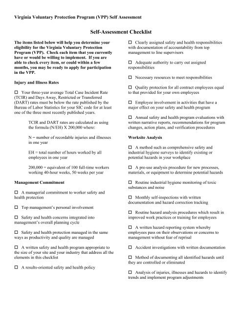 VPP Self-Assessment Checklist - Virginia Department of Labor and ...