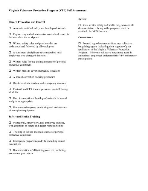 VPP Self-Assessment Checklist - Virginia Department of Labor and ...