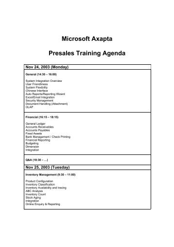 Microsoft Axapta Presales Training Agenda