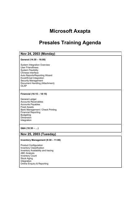 Microsoft Axapta Presales Training Agenda