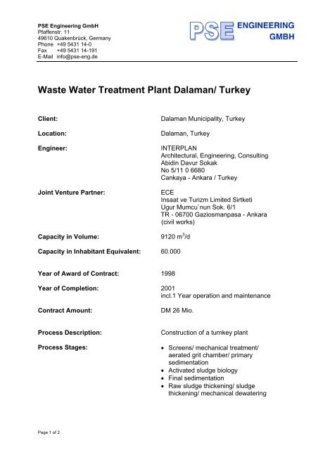 Waste Water Treatment Plant Dalaman/ Turkey - PSE Engineering ...