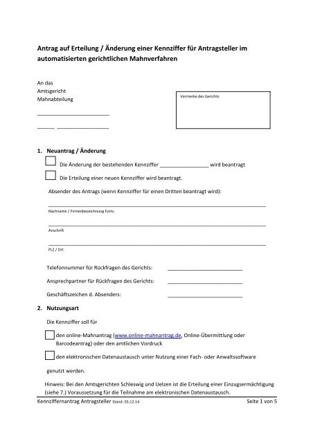 Antragsformular fÃ¼r Antragssteller (alle Verfahren) - mahngerichte.de