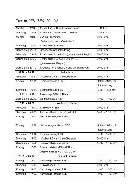 Termine PFS - SEK 2011/12 - Paula FÃ¼rst Schule