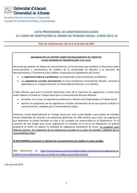 Listado provisional de admitidos y excluidos - Facultad de Ciencias ...