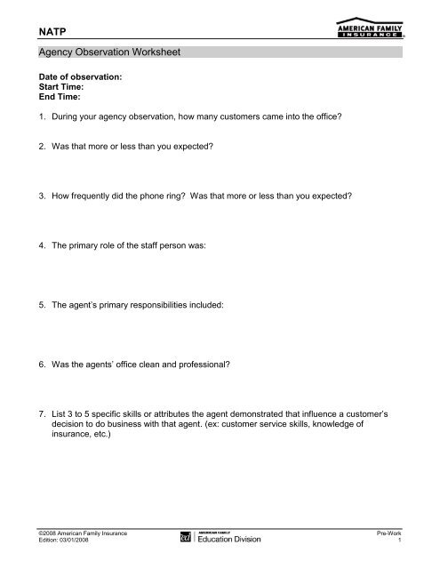 Agency Observation Worksheet - American Family Insurance