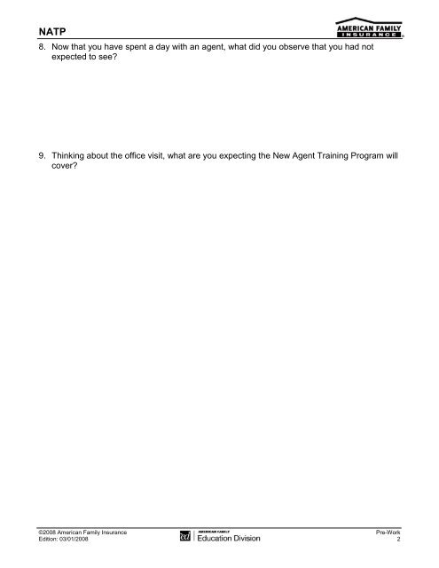 Agency Observation Worksheet - American Family Insurance