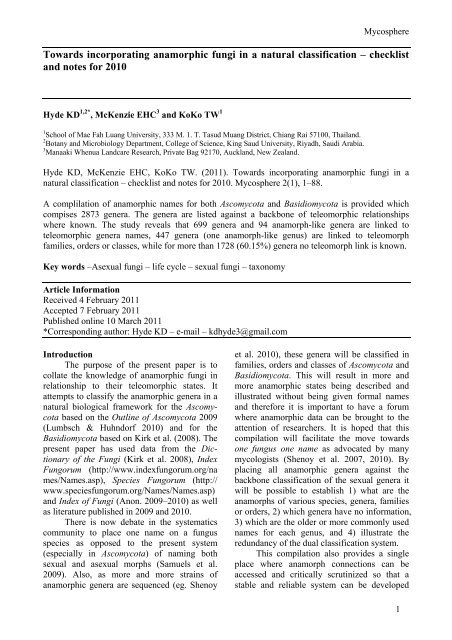 Towards incorporating anamorphic fungi in a natural ... - Mycosphere