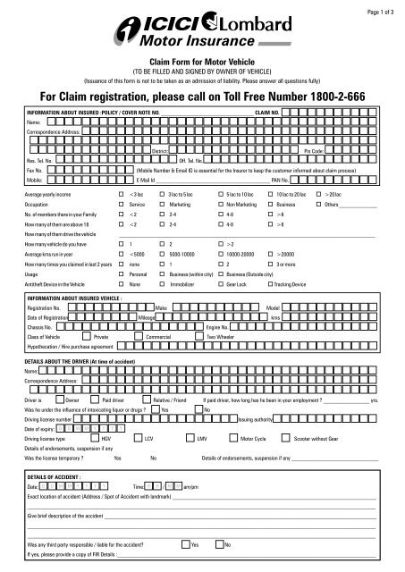 icici lombard car insurance proposal form