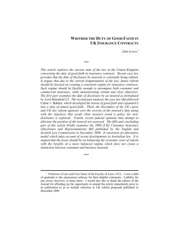 Whither the Duty of Good Faith in UK Insurance Contracts, John Lowry