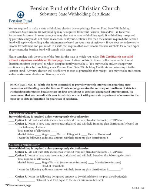 State Tax Withholding Form - Pension Fund