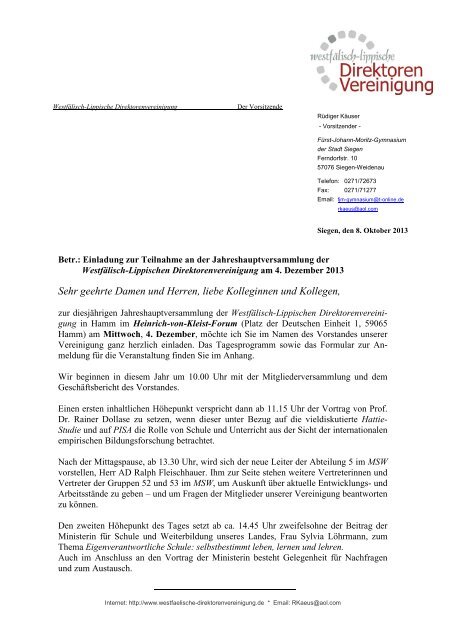 Brief mit Adressabfrage - WestfÃ¤lisch-Lippische Direktorenvereinigung