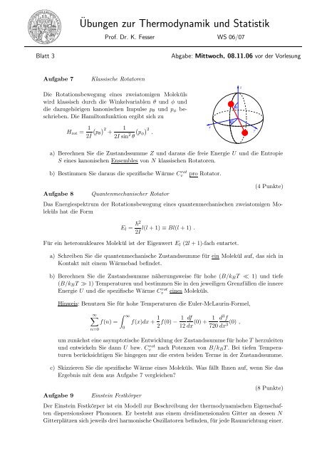 Â¨Ubungen zur Thermodynamik und Statistik