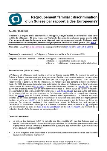 Regroupement familial : discrimination d'un Suisse par rapport Ã  des ...