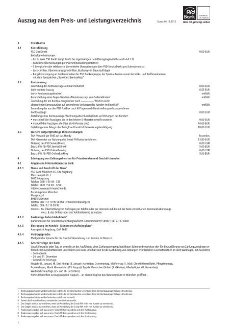 Auszug Aus Dem Preis Und Leistungsverzeichnis Psd Bank