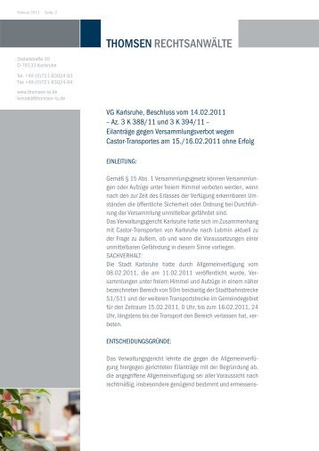VG Karlsruhe, Beschluss vom 14.02.2011 â Az. 3 K 388/11 und 3 K ...