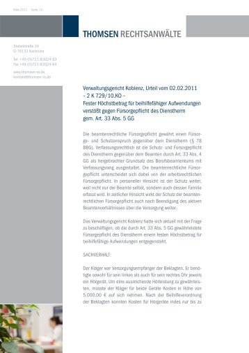 Verwaltungsgericht Koblenz, Urteil vom 02.02.2011 â 2 K 729/10.KO ...