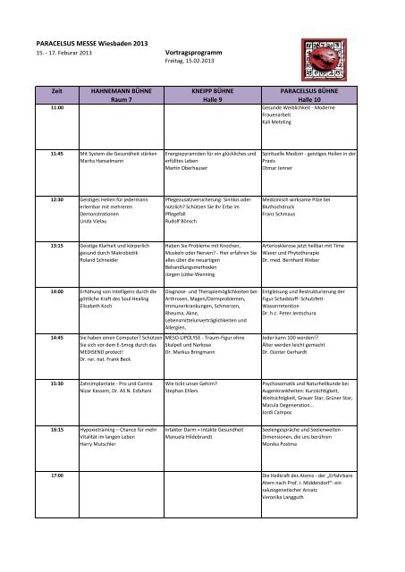 PARACELSUS MESSE Wiesbaden 2013 Vortragsprogramm