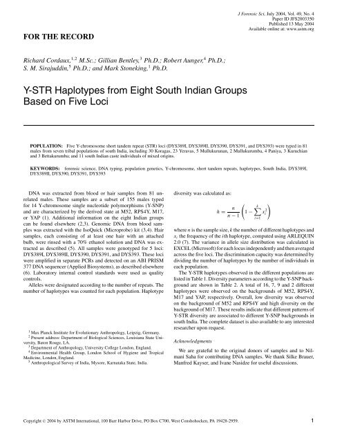 Y-STR Haplotypes from Eight South Indian ... - Hygiene Central