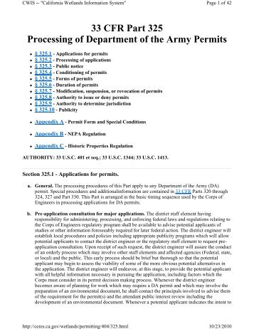 33 CFR Part 325 Processing of Department of the Army Permits