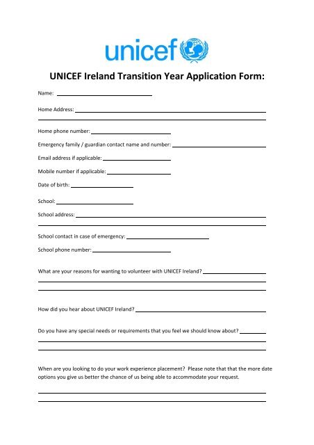 UNICEF Ireland Transition Year Application Form: