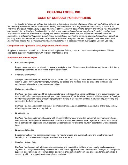Supplier Code of Conduct - ConAgra Foods