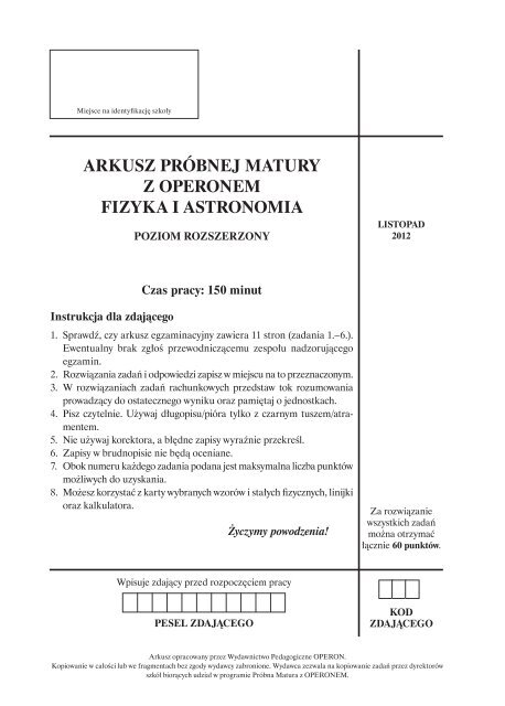 arkusz próbnej matury z operonem fizyka i astronomia - Polska