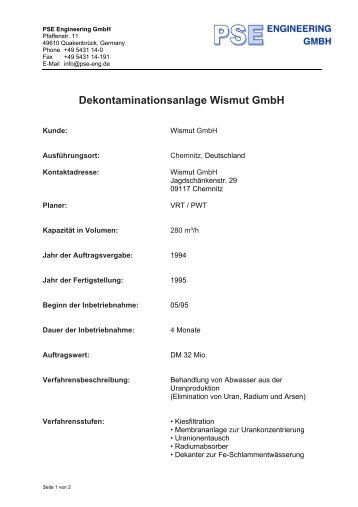 Dekontaminationsanlage Wismut GmbH - PSE Engineering GmbH