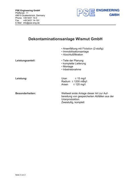 Dekontaminationsanlage Wismut GmbH - PSE Engineering GmbH
