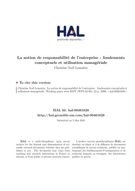 La notion de responsabilité de l'entreprise - Grenoble EM :: Accueil